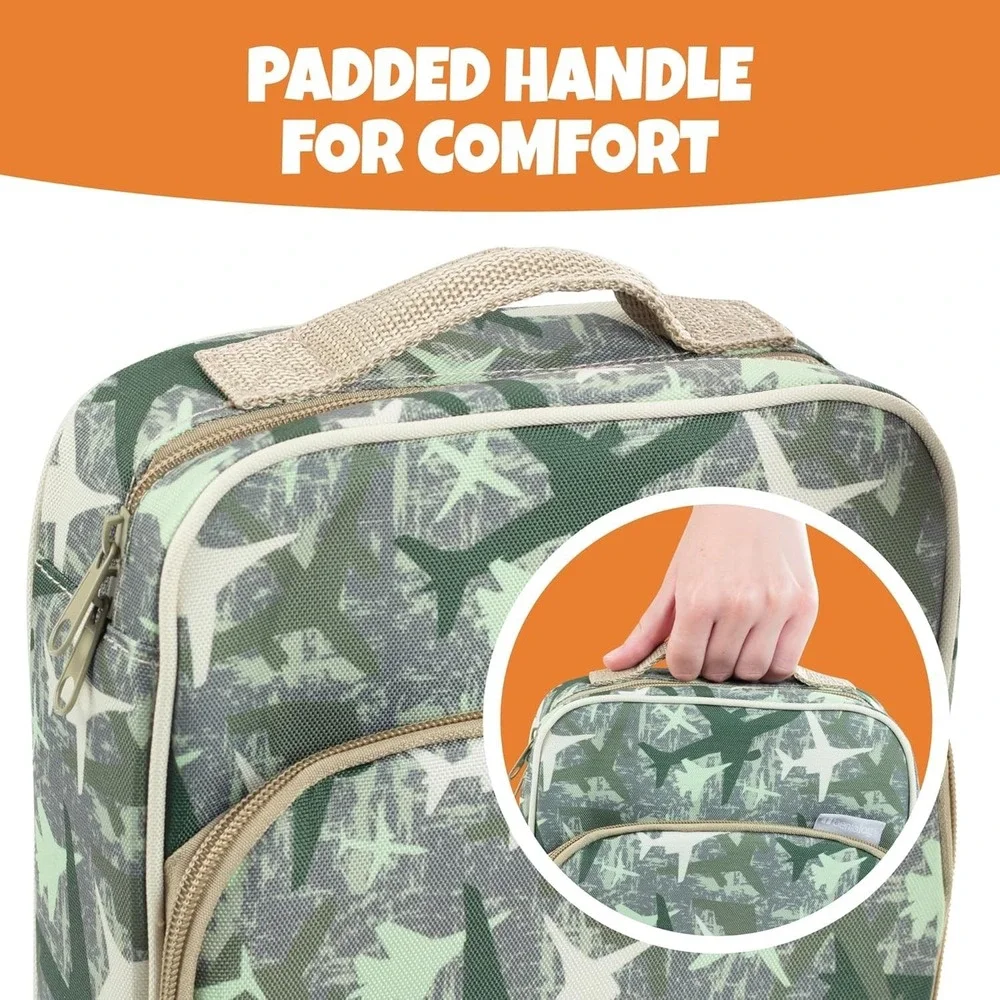 Kids Insulated Lunch Box w Snack Pocket & Water Bottle Holder - Jets